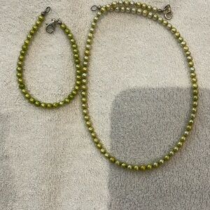 Elegant Green Pearl Necklace and Bracelet Set  with 925 silver hook~